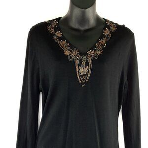 Large Unique Black Elegant Long Sleeve Beaded D V Neck Formal evening Sweater